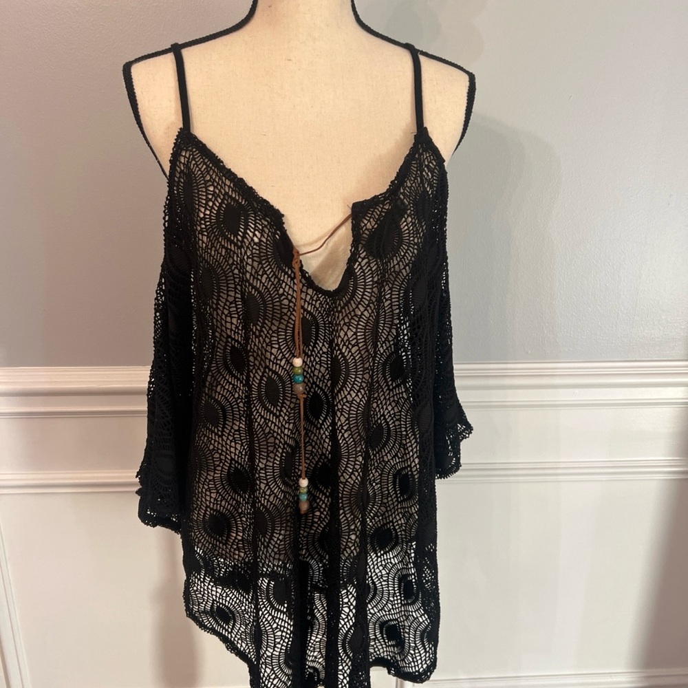 Shoulder Cut Out Sandiva Black Lacy Beach Short Sleeve Swim CoverUp Oversized XS
